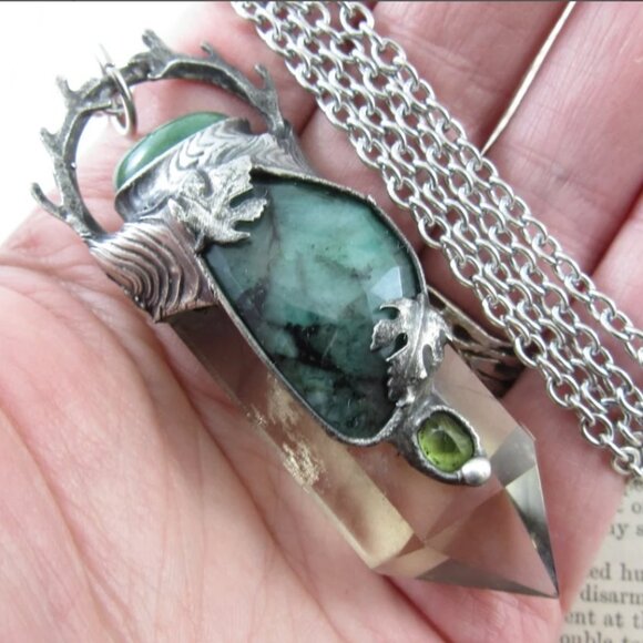 Artisan Etsy Callisto Jewelry EMERALDS, Smoky Quartz & Peridot Crystal Pendant! - Picture 2 of 5